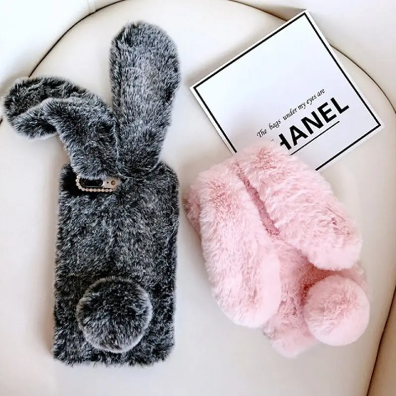 

Soft Fluffy Rabbit Fur Silicone Phone Cases For iPhone X 8 7 6 6S Plus XS Max XR Case Bling Diamond Back Cover Shell For iPhone