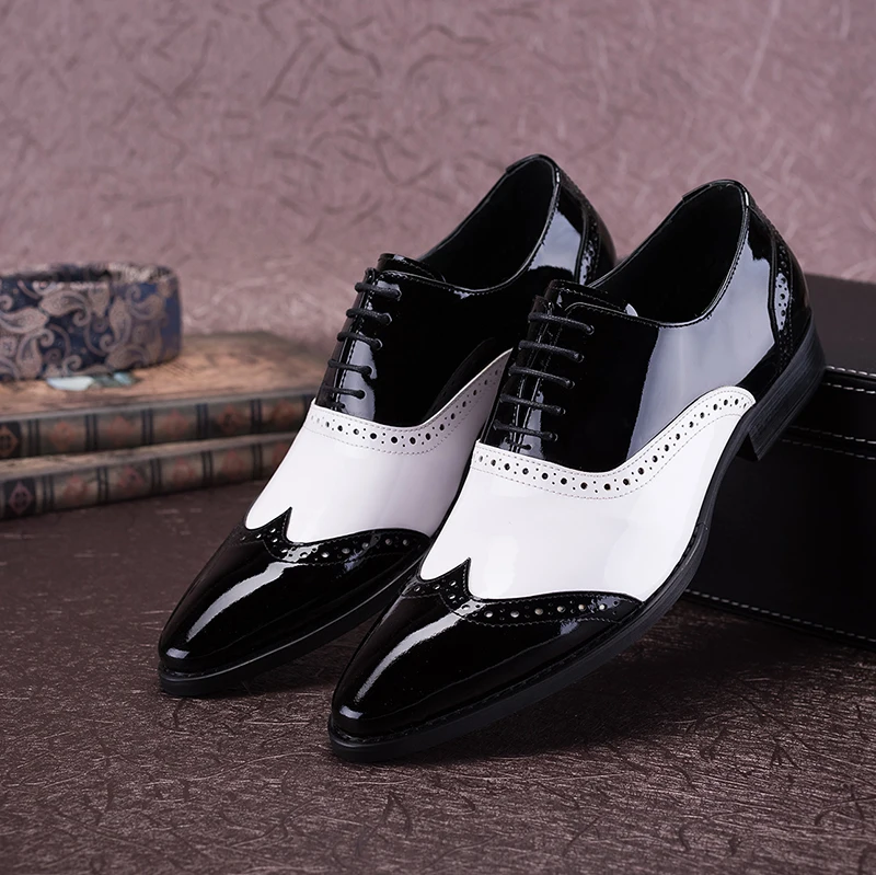 Black White Genuine Leather Men Oxford Shoes Pointed Toes Patchwork Mix Colour Lace Up Male