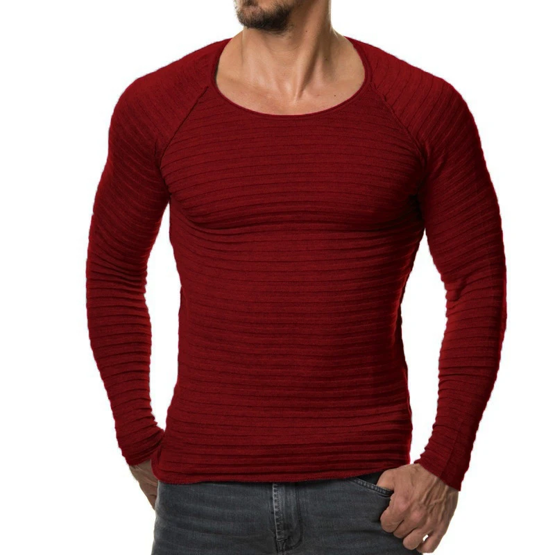Мужской вязаный свитер осень зима модная брендовая одежда мужские однотонные свитеры в полоску приталенный Мужской пуловер - Цвет: Wine red