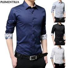 Pui men tiua, Мужская Осенняя мода, солидные Формальные Рубашки с длинным рукавом для мужчин, мужская Базовая рубашка с отложным воротником, деловая одежда, Рубашки, Топы