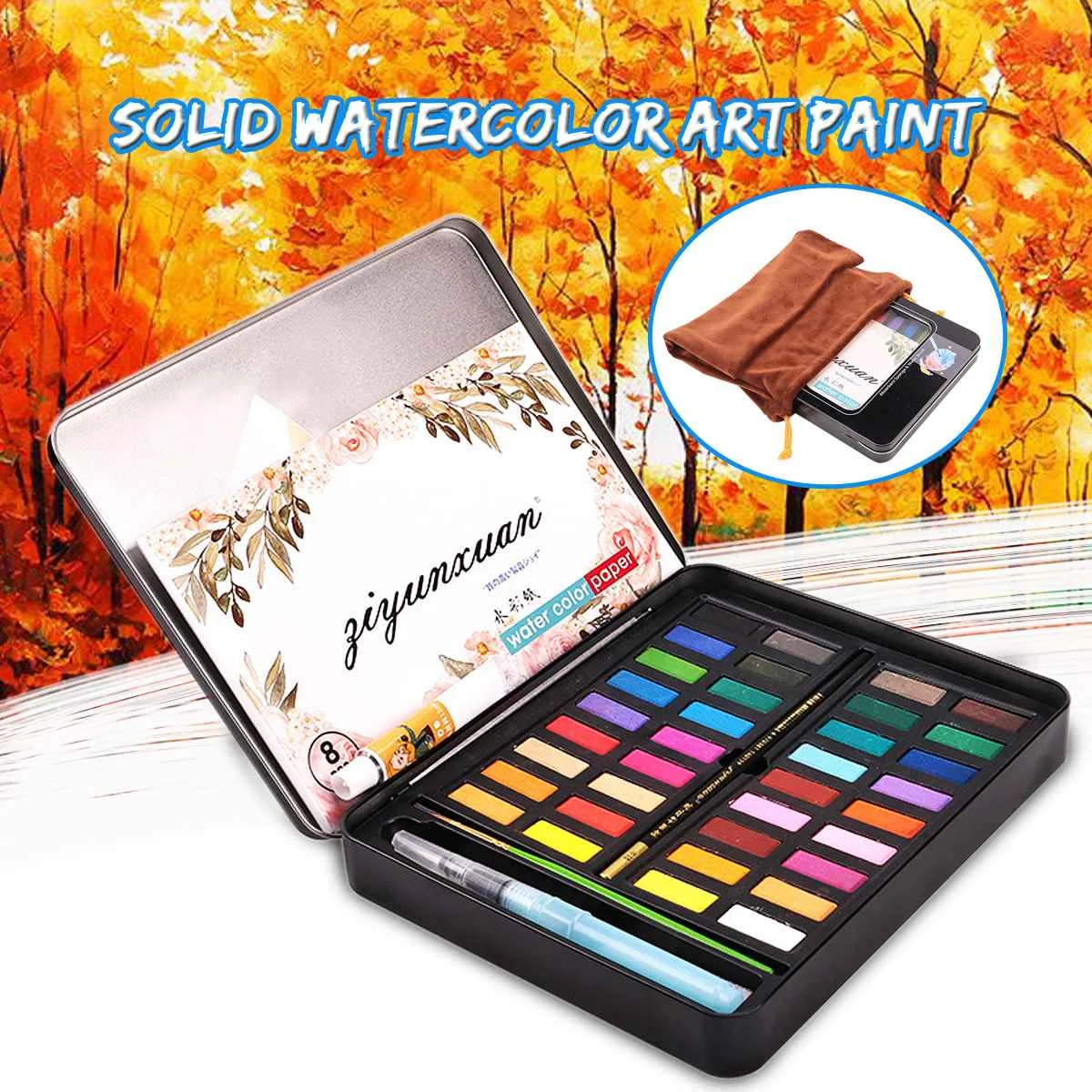 

KICUTE 36 Colors Portable Travel Solid Pigment Watercolor Paints Set In Iron box With storage Bag and Pen Art Supplies
