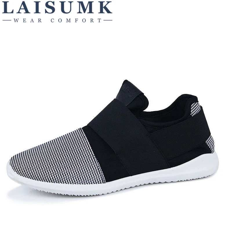 

LAISUMK Cheap Stretch Cloth Mens Loafers Black White Color Cloth Patchwork Leisure Canvas Shoes For Mans Cool Walk Shoes