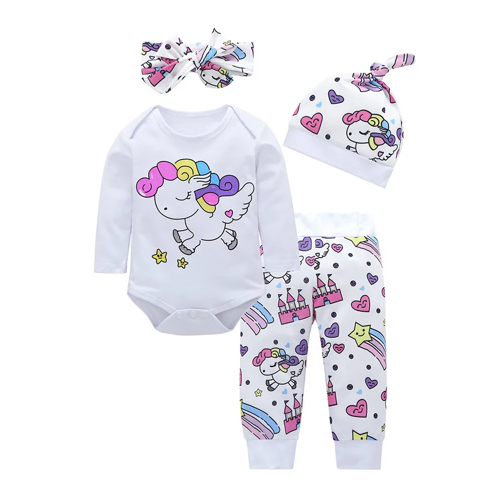 Комплект одежды для новорожденных и маленьких девочек, Модный комплект из 4/3 предметов с изображением единорога, Пегаса, звезды, сердца, замка, футболка+ штаны+ шапочка+ повязка на голову