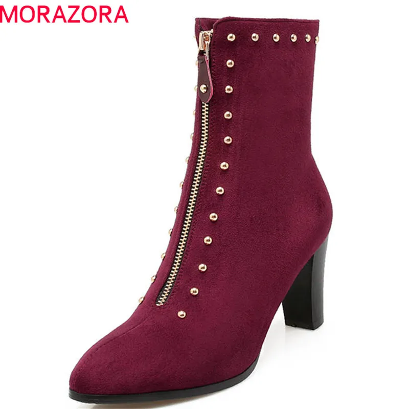 

MORAZORA 2020 new fashion shoes woman pointed toe flock autumn winter ankle boots zipper rivet prom shoes high heels boots