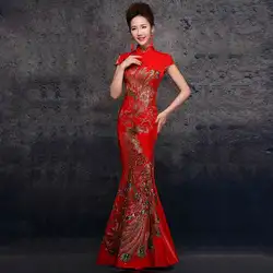 Мода 2016 года Вышивка Qipao платье Для женщин китайское традиционное платье длинные Китайские женские халаты вечернее платье Красный