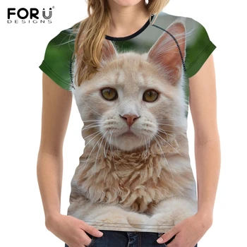 

FORUDESIGNS Harajuku Women Summer T Shirts Cute 3D Maine Coon Cat/Kitten Print Girl Short Sleeve Tops Fitness O Neck T-shirts