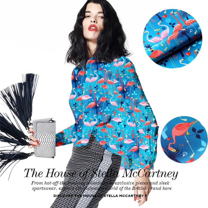 

135cm wide 12mm flamingos print blue silk crepe de chine fabric fabric for summer blouse dress shirt clothes D557