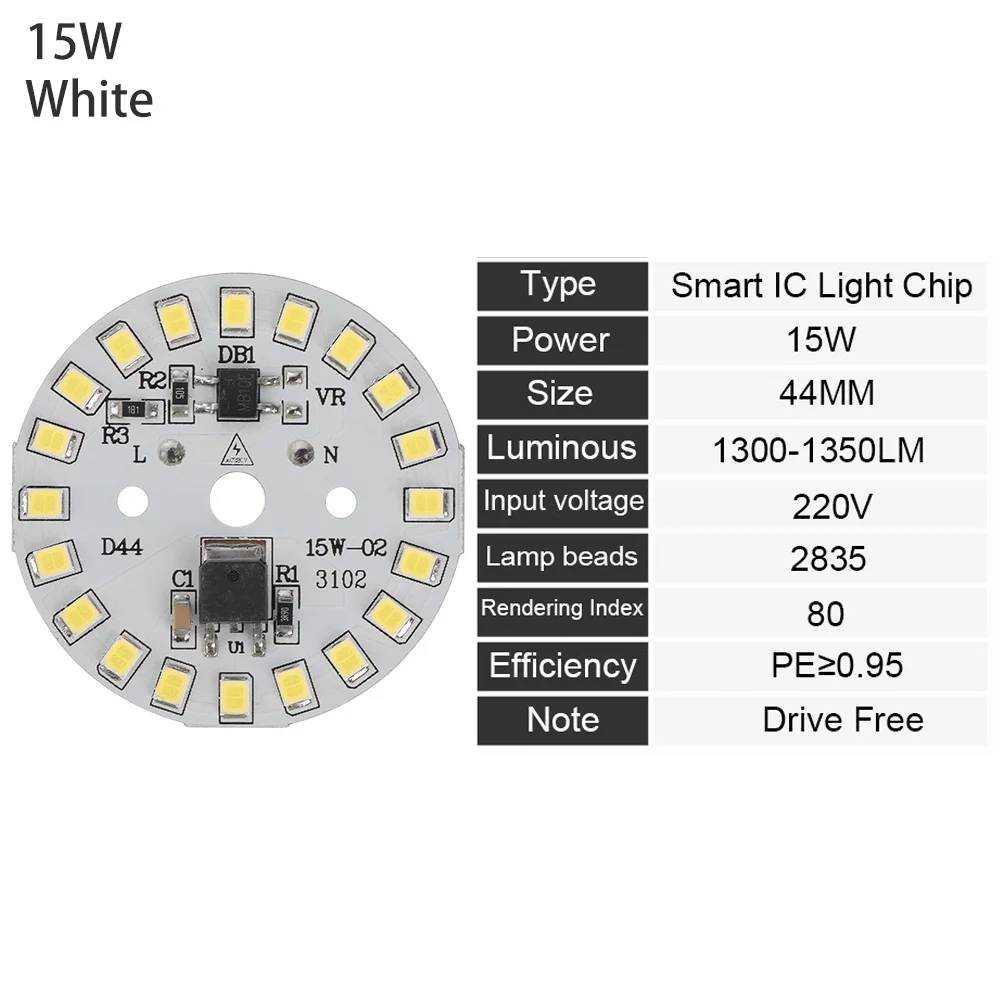 Светодиодный светильник SMD 15 Вт, 12 Вт, 9 Вт, 7 Вт, 5 Вт, 3 Вт, светодиодный светильник с чипом ac220в, интеллектуальный IC светодиодный светильник для лампы белого цвета - Испускаемый цвет: 15W