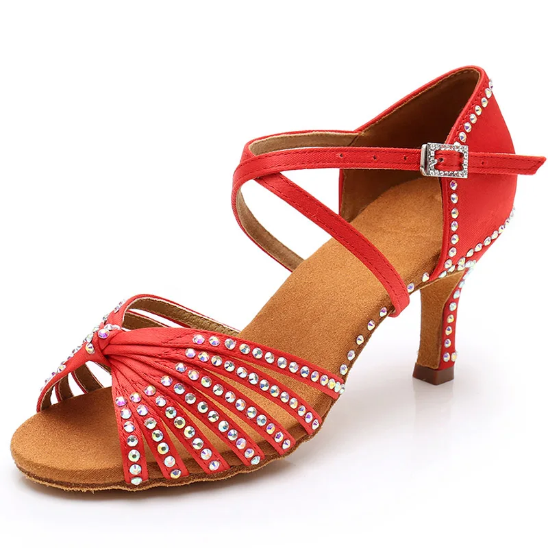 Новинка; женская обувь для латинских танцев; женская Обувь для бальных танцев со стразами; обувь для танго на высоком каблуке - Цвет: Red 7CM Heel Knot
