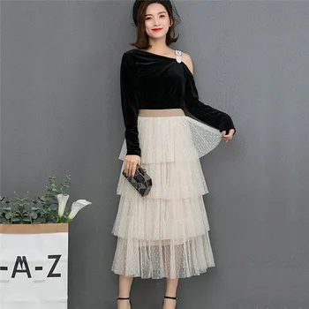 

hirigin New Womens Dot Lace empire skirts female Fashion Tiered High Waist Long Skirt ladies casual summer Beach style skirts