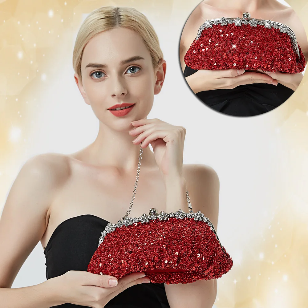 

Elegant Ladies Evening Clutch Bag with Chain Sequin Glitter Tote Bag Women's Handbags Purse Wallets for Bride Wedding Party