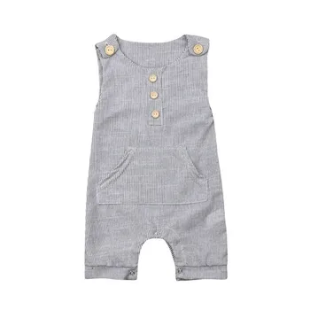 

Summer Newborn Baby Boy Girl Outfit Clothes Solid Sleeveless Striped Single Breasted Romper Jumpsuit One-Piece