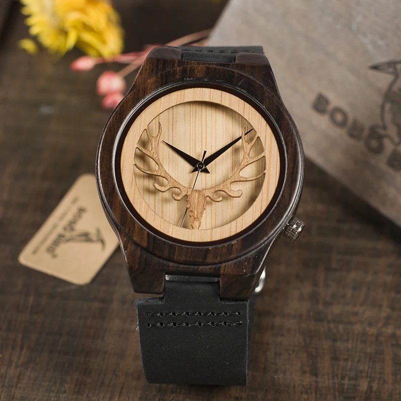 BOBO BIRD Leather Strap Black Wooden Quartz Watches Hollow Design Clock Luxury Men Brand Wrist Watch relogio masculino C-B18