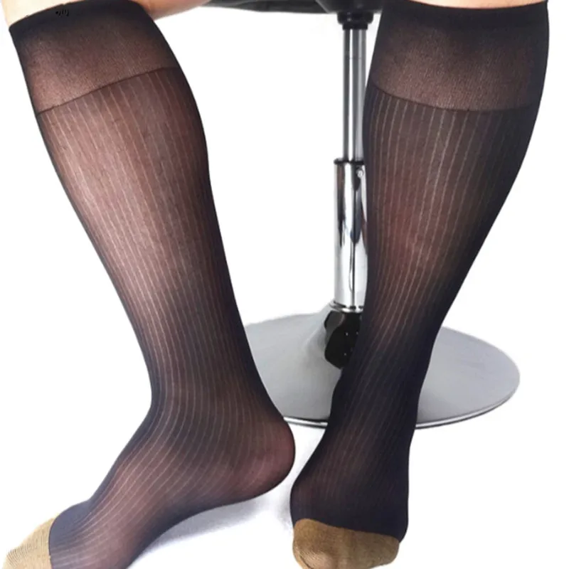 1 пара, черные, золотые, синие мужские прозрачные носки с широким полосатым носком, шелковые высокие тонкие дышащие носки, сексуальные мягкие носки GYR9064 - Цвет: Black gold