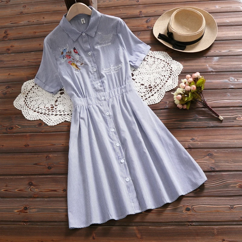 

Mori girl cute striped dress 2019 new summer fashion short sleeve embroidered bird dress