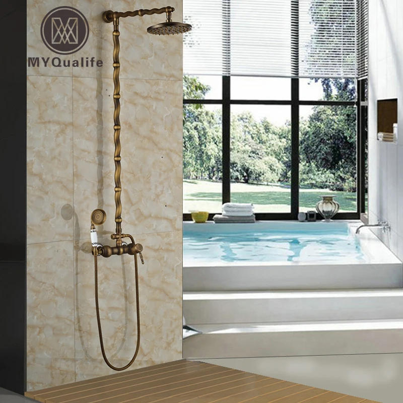 High end Antique Brass Wall Mounted Shower Mixer Set Single Handle Bath