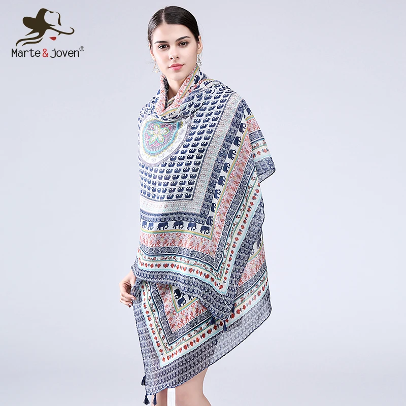 

Marte&Joven Retro Elephant Print Scarves and Wraps for Women National Wind style Flowers Printed Circle Oversized Long Shawls