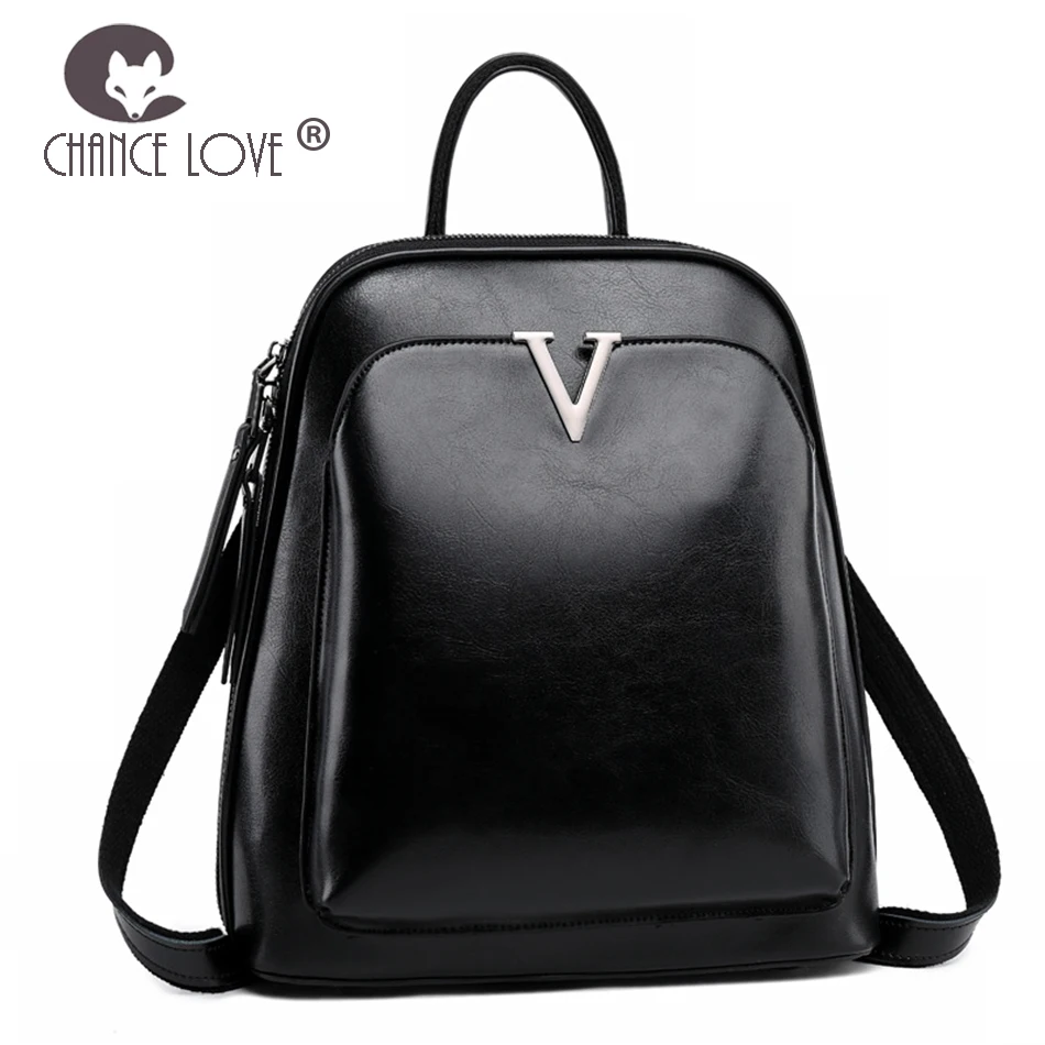 

Chance Love 2018 new Genuine leather backpack female shoulder bag fashion oil wax skin wild V type icon backpack lady retro bag