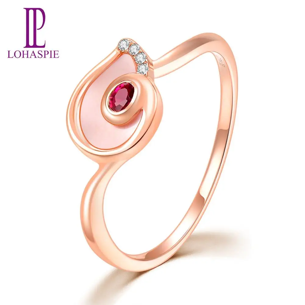 

LP Solid 18K Rose Gold Ring for Women Gift Natural Gemstone Ruby pink mother shell Diamond Engagement Ring for Girl's Gift