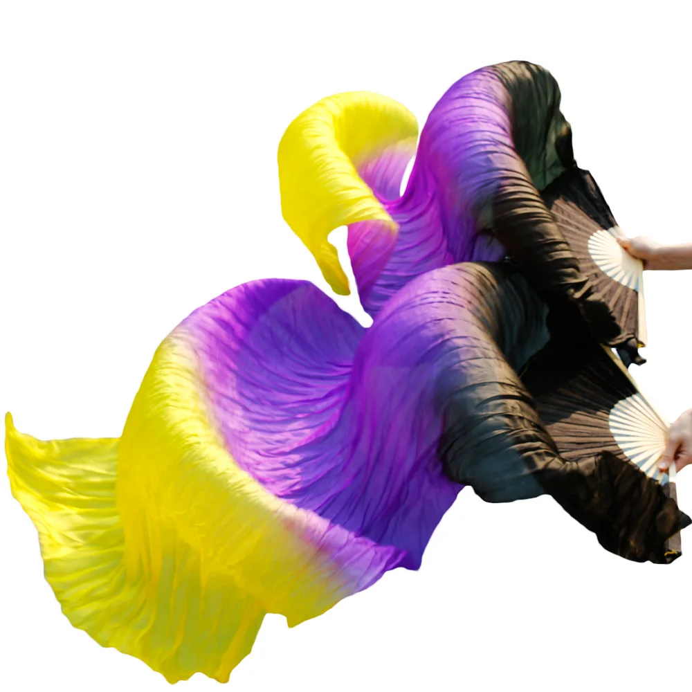 2018 High selling 100% Real Silk Veils 1 Pair handmade women Quality Silk Belly Dance Fans Dance Black + purple + yellow