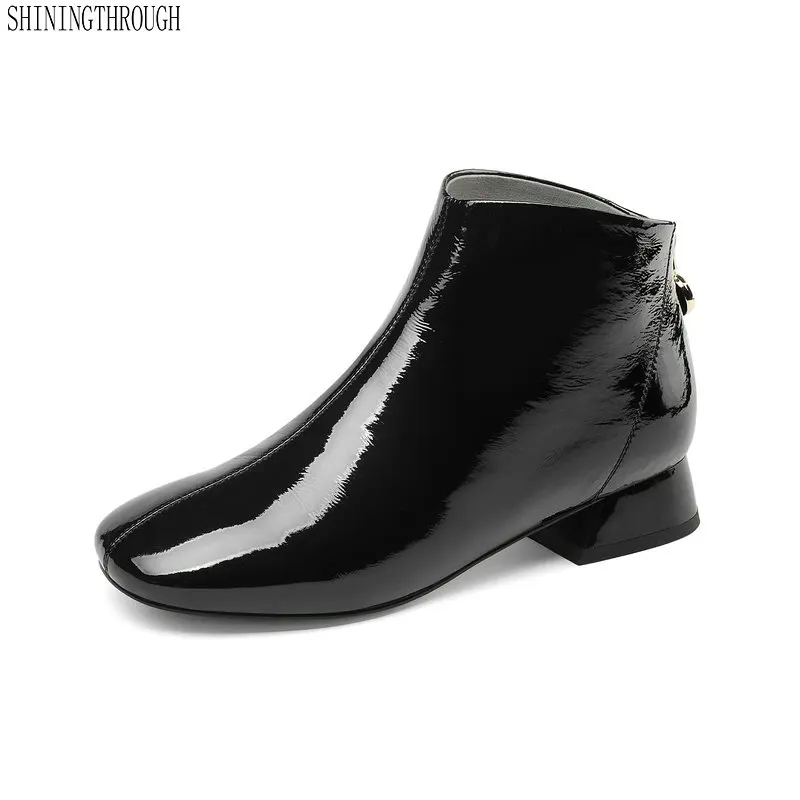 

Genuine leather vintage women boots 3cm low heels square toe shoes woman punk handsome superstar ankle boots black white