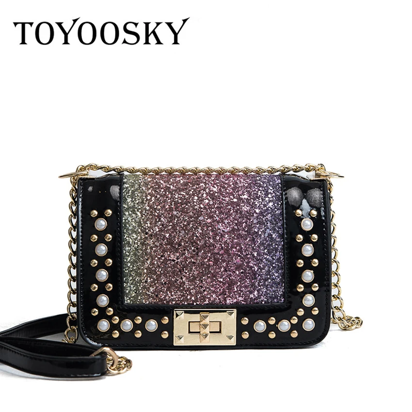 

TOYOOSKY Mini Flap Famous Brands luxury Casual Women Handbag Female Sequins Shoulder Bag Pearl Print Messenger Crossbody Bag