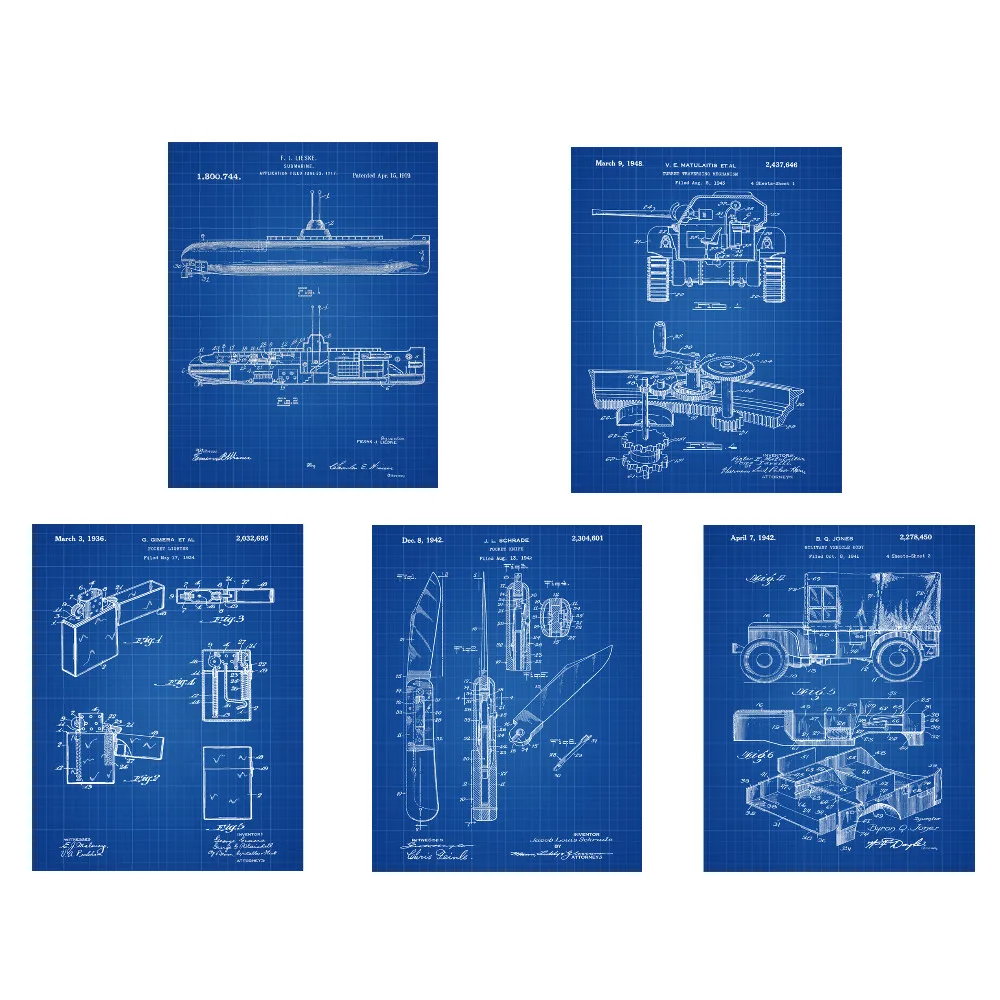 Винтажный большой патент в мировой войны подводная лодка Танк Зажигалка нож джип Плакат Набор 5 в 1/Патентное искусство/образовательное искусство/винтажное искусство