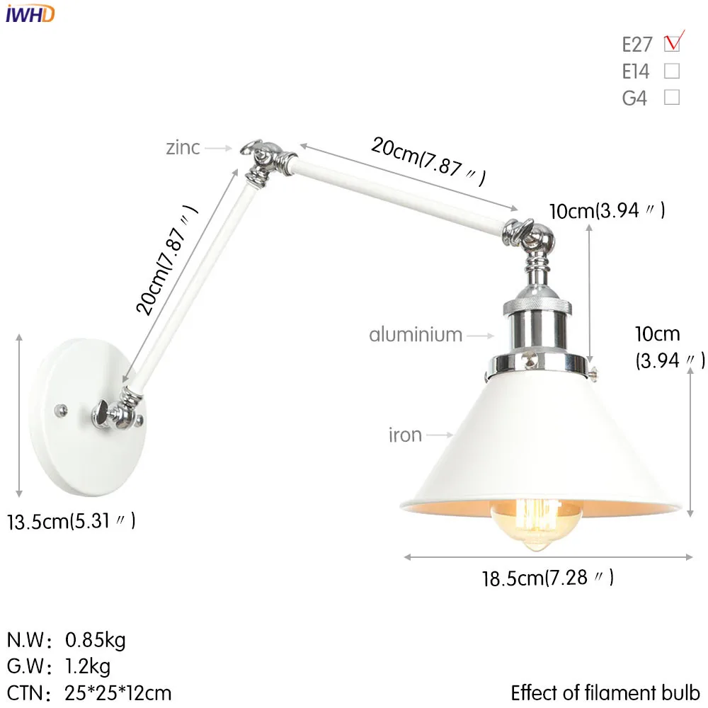 IWHD White Long Arm Vintage Wall Lamp Beside Bedroom Living Room Edison Loft Industrial Style Retro Wall Lights Fixtures LED