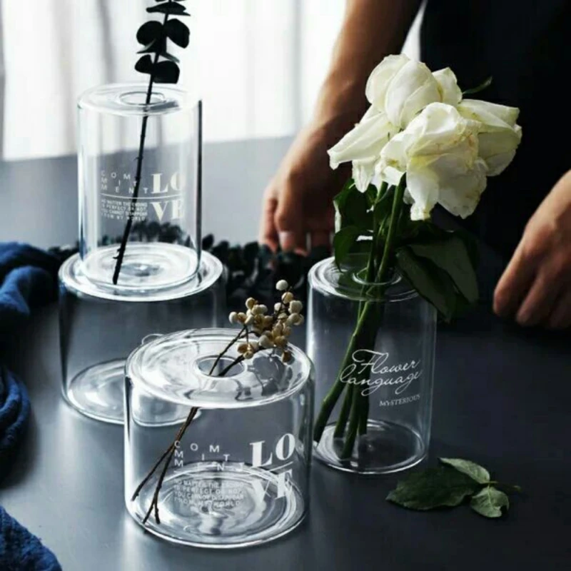 

Home Clear Glass Vase Hyacinth Flower Pot Letter Printed Glass Planter DIY Terrarium Container Decor Art Gift