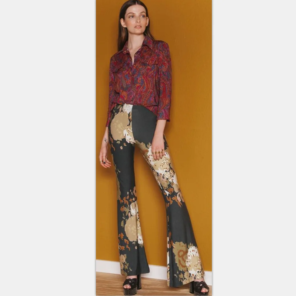 Уличная Женская Штаны с высокой талией чешские boho пляж принт flare Штаны для женщин брюки женские Штаны женский Большие размеры