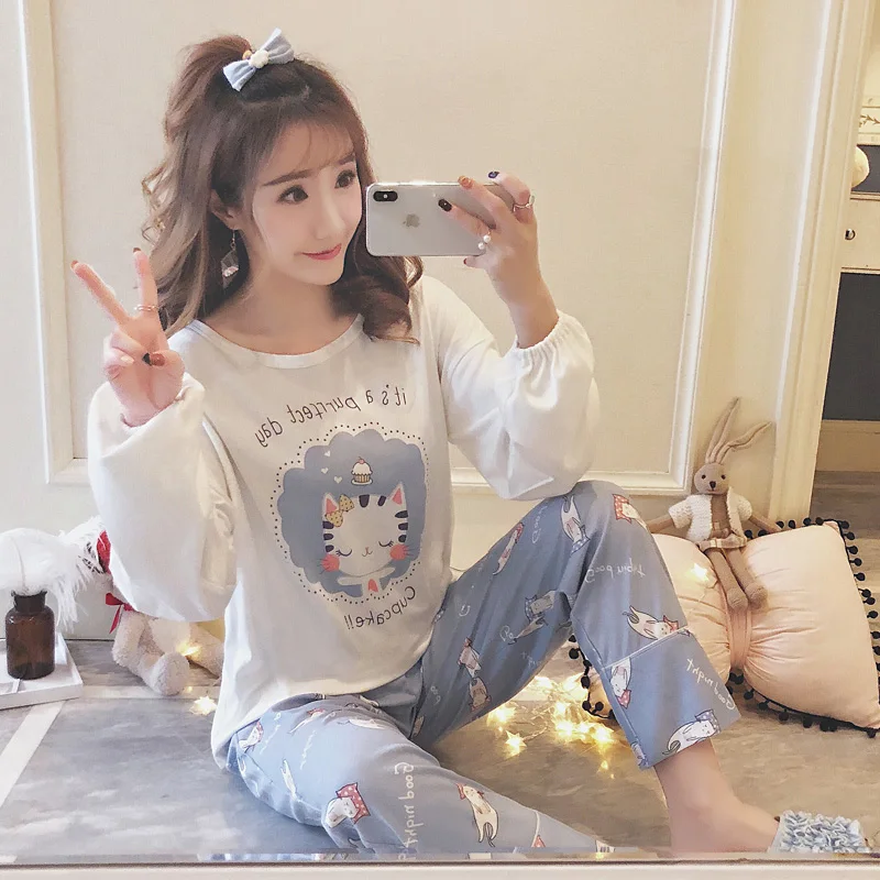

Spring and autumn Long Sleeved Pajamas set Women Casual Leisure cartoon cotton sleepwear lady fashion pyjamas 2 Piece Suit M-XXL