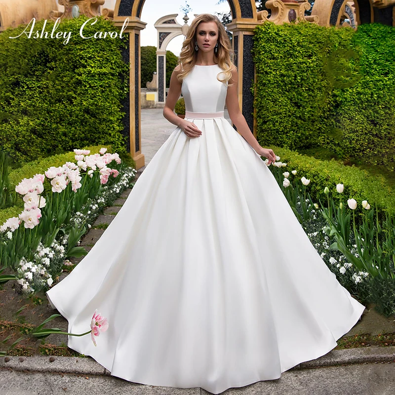 

Ashley Carol A-Line Wedding Dress 2019 Luxury O-Neck Sleeveless Court Train Lustrous Satin Graceful Bride Gown Estido de Noiva