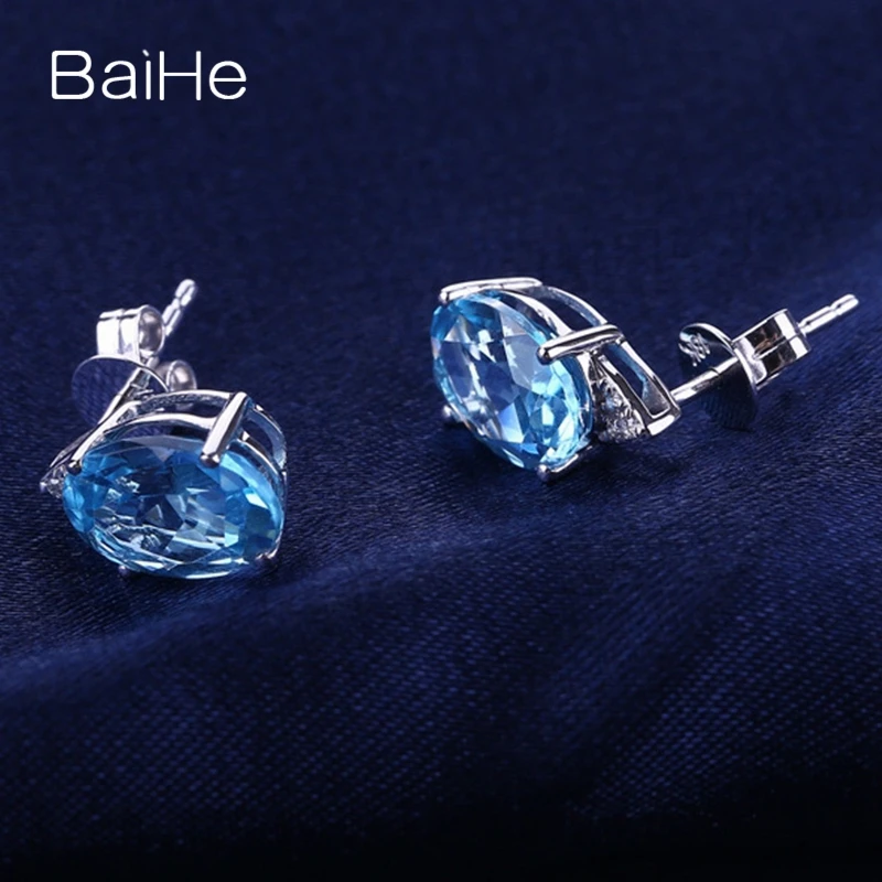 BAIHE Solid 14 k белое золото(AU585) Природный Голубой топаз серьги гвоздики бриллианты ювелирные изделия Женская помолвка Свадебная вечеринка серьги