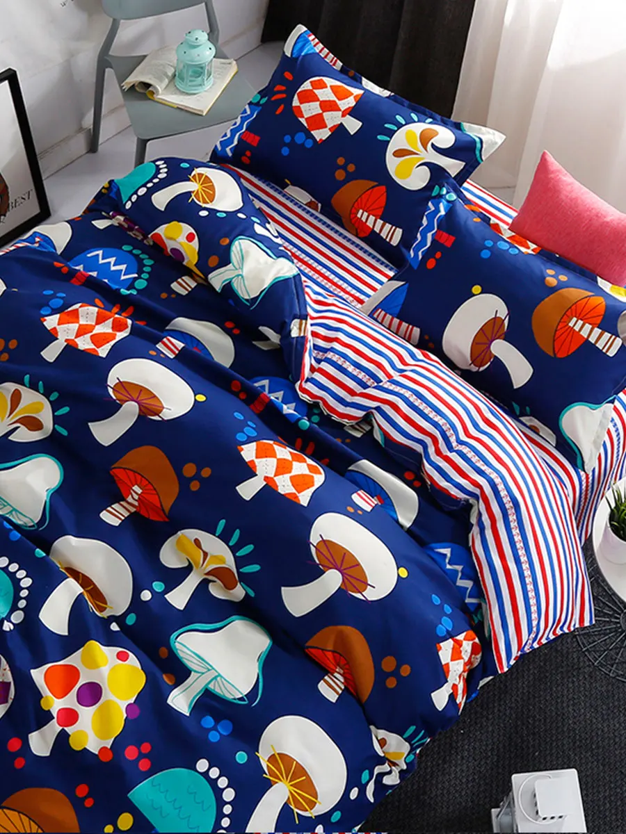 

4 Pcs Bedlinens Set Comfy Cartoon Pattern Color Block Trendy Soft Bedding Set