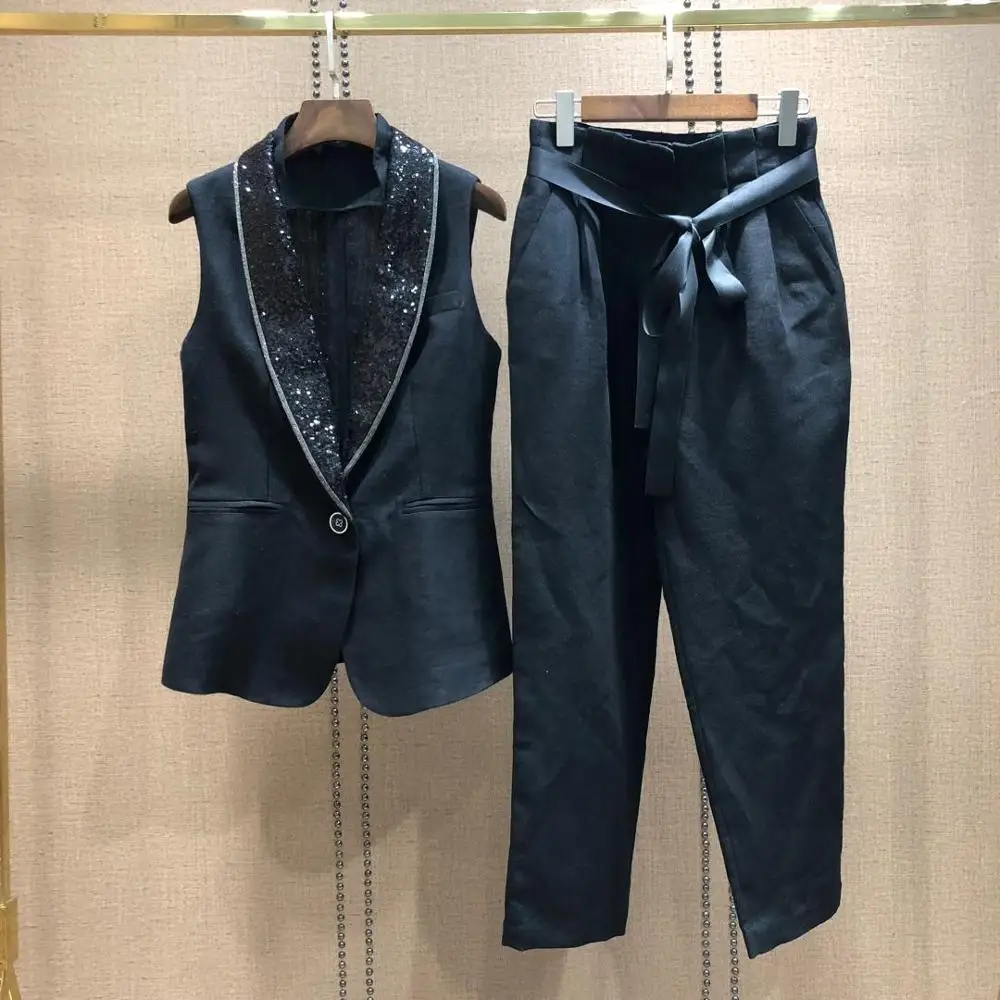 

2019 summer new style ladies sequined single-breasted vest with long pants linen set 0612