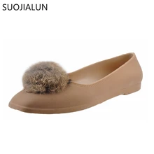 SUOJIALUN Winter Shoes Women Flats Ball Fur Slip on Flat Shoes Square Toe Faux Fur Woman Loafers Casual Flat Heel Shoes