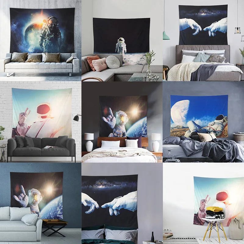 

New Polyester Peach Skin Astronaut Wall Fabric Green Plants Fashionable Fresh Wall Decoration S/M/L Size Tapestries