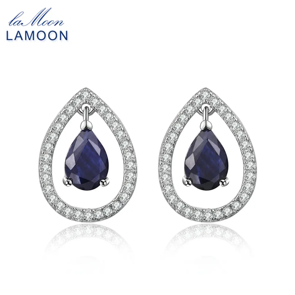 LAMOON 3X5mm Teardrop 100% Real Blue Sapphire 925 sterling-silver-jewelry  Crown Stud Earring S925 LMEI054