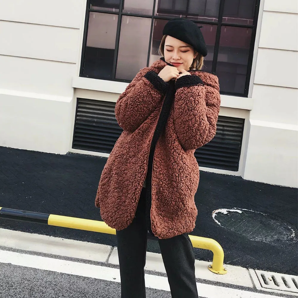 Hooded Open Front Lamb Wool Coat Female Plush Overcoat Casual Outerwear 2018 Autumn Winter Warm Soft Fur Coat