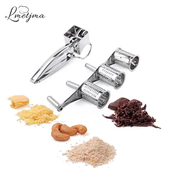 

LMETJMA 3 Drums Set Rotary Cheese Grater Stainless Steel Cheese Slicer Kitchen Cheese Butter Slicer Nut Chocolate Grinder KC0003