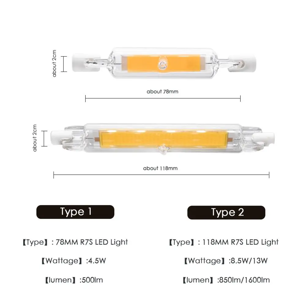 R7S светодиодный светильник COB стеклянная трубка 78 мм 8 Вт 118 мм 13 Вт Замена галогенной лампы 80 Вт J78 J118 лампарда Точечный светильник AC 220 В 240 В
