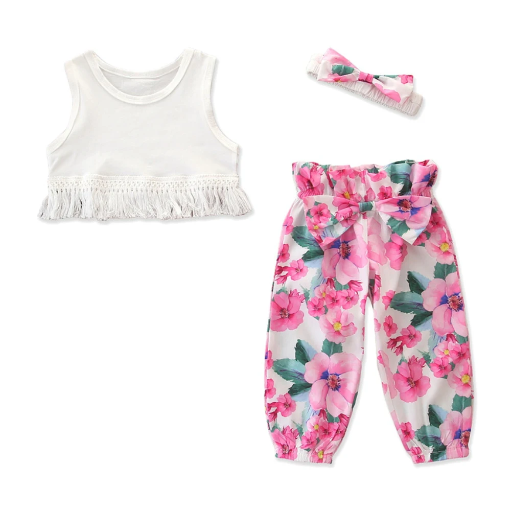 

2019 Toddler Kids Baby Girls Clothes Set Summer Vest Tassel T-Shirt Floral Bowknot lPants Headwear Clothing Outfits 3PCS
