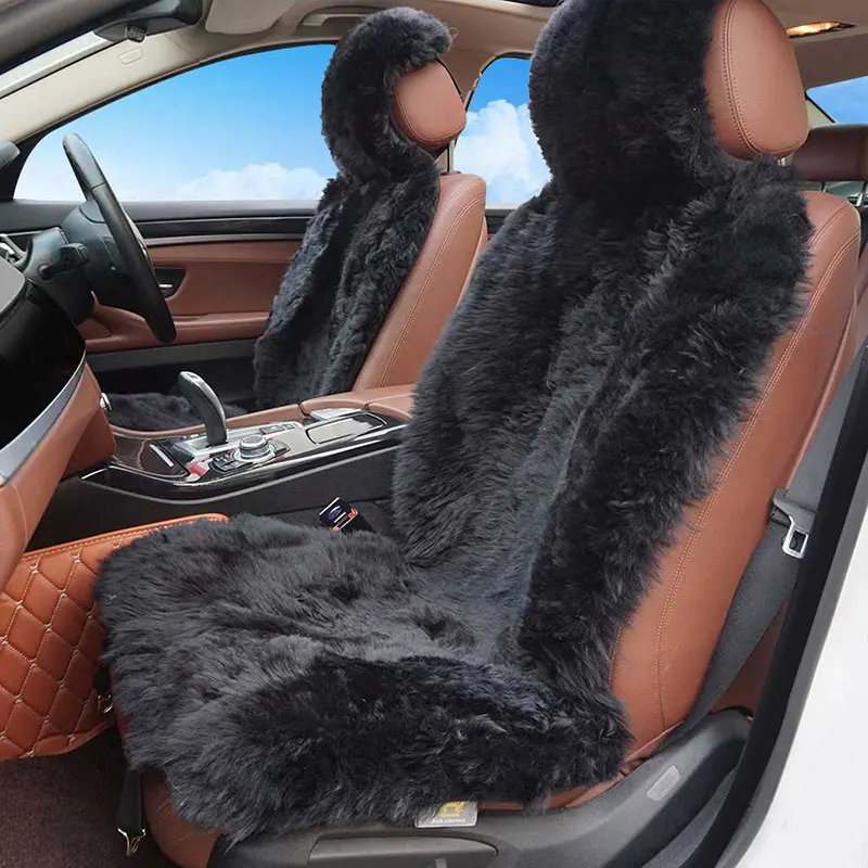 2pcs Natural fur sheepskin car seat cover seasons 3 colour front seat cover for car peugeot 206 for car volvo s40 for car ix25 - Color Name: Black