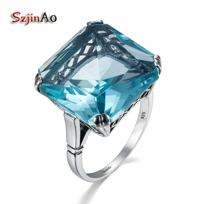 Szjinao Wholesale High quality Jewelry Vintage Solid 925 Sterling Silver Rings for women square blue Cubic