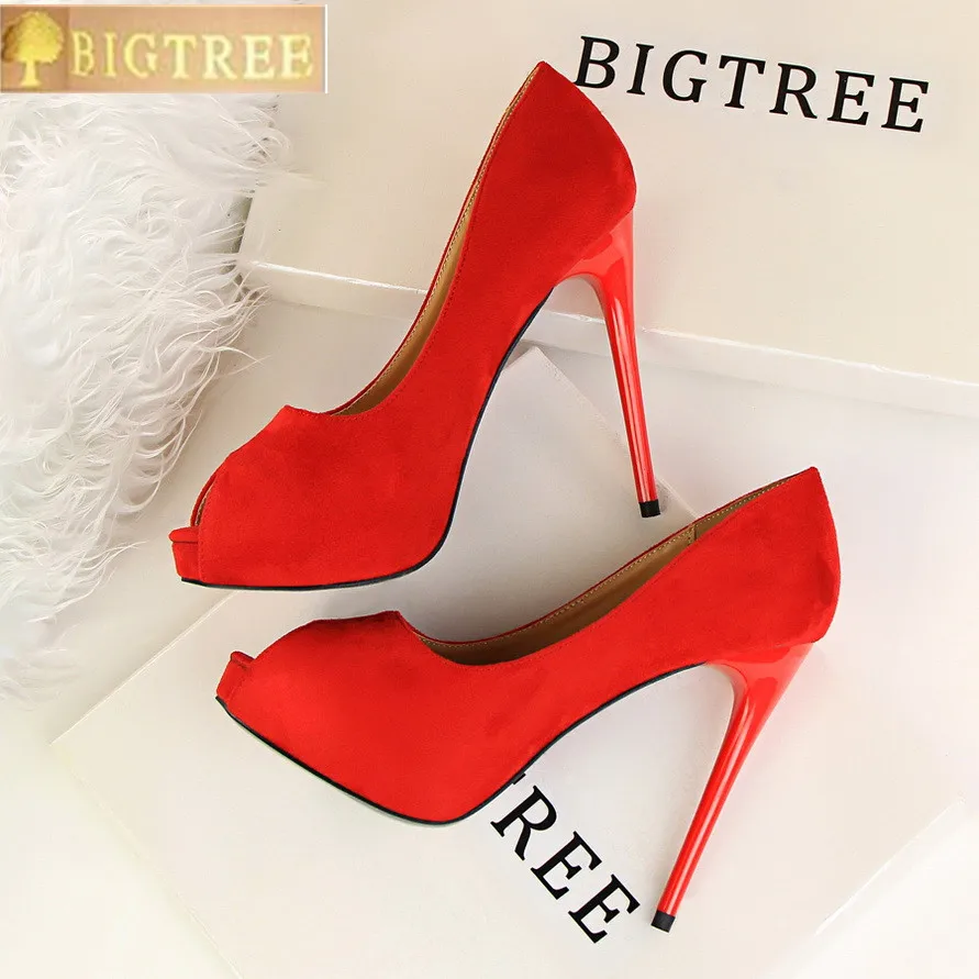 

2018 New Autumn Fashion Platform Women Pumps Concise Solid Flock High Heels 12cm Shoes Women's Peep Toe Shallow Sexy Party Shoes