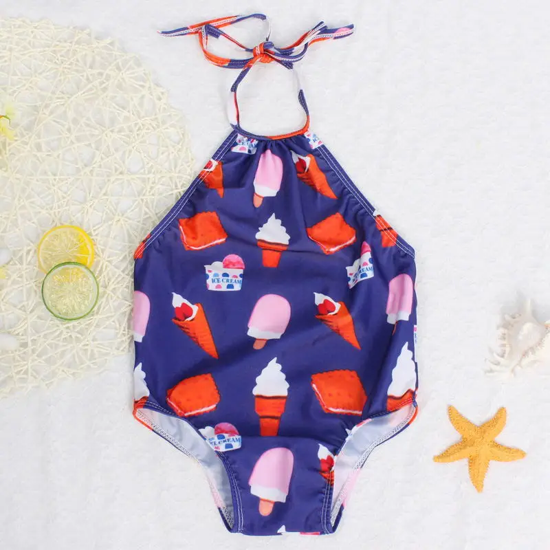 New Swimwear Children Girl Backless One Piece Swimsuit Cute Cartoon Ice Cream Printing Girls Kids Bathing Suit Baby Beachwear 4