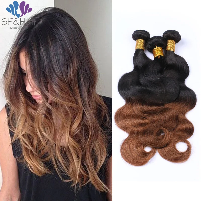 

8A Grade 100% Human Hair Body Wave Hair Extensions 3 Bundles Peruvian Virgin Hair Ombre Weave #T1B/30 Human Hair Bundles