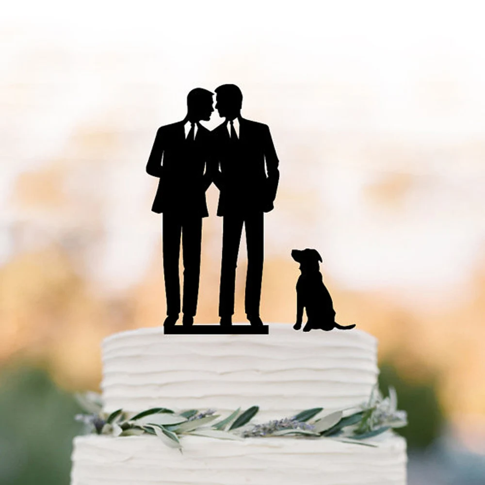 Gay dog Wedding Cake topper Custom Acrylic Silver wooden wedding cake topper same sex mr and mr, fun unique wedding cake topper.