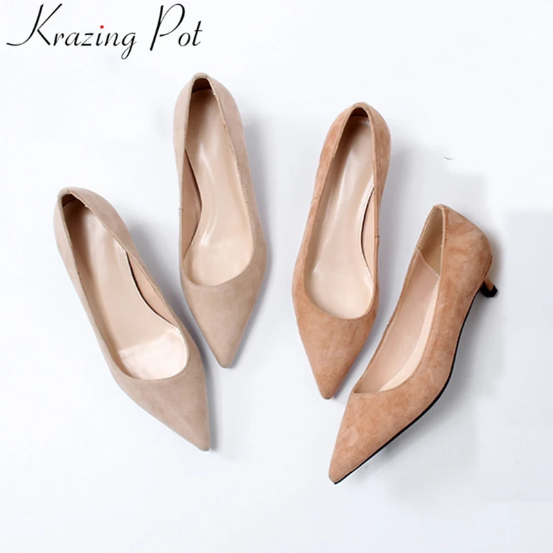 

2019 new kid suede med heels shallow pointed toe women pumps concise brand luxury elegant office lady wedding spring shoes L36