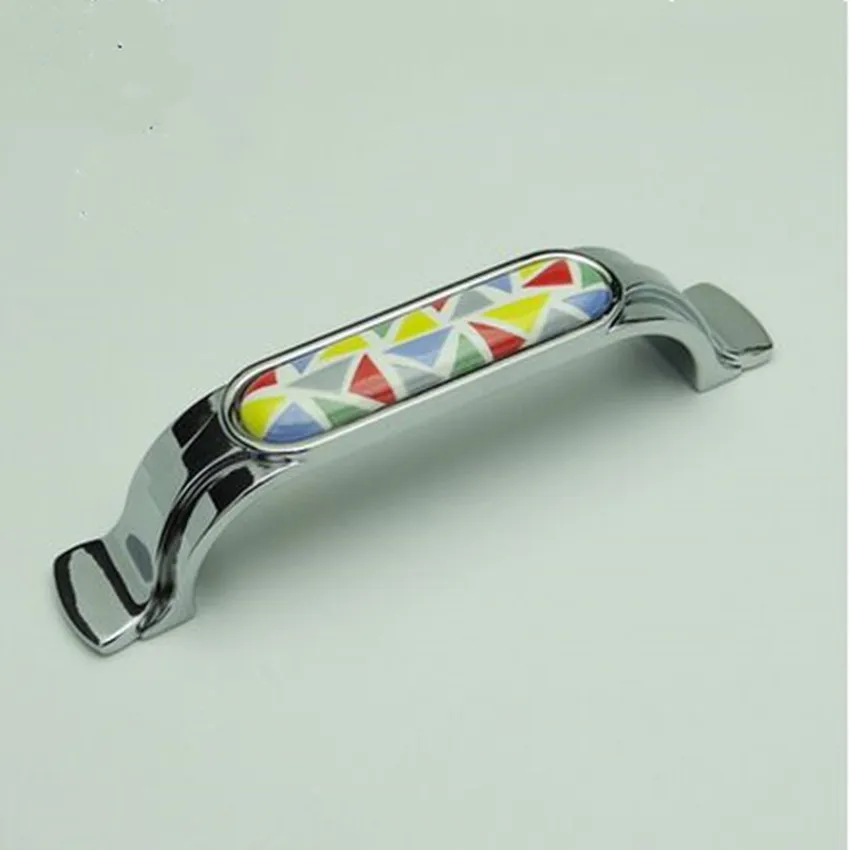 

96mm modern fashion shiny silver furniture handles hand painted mosaic ceramic drawer cabinet pulls knobs chrome dresser handles